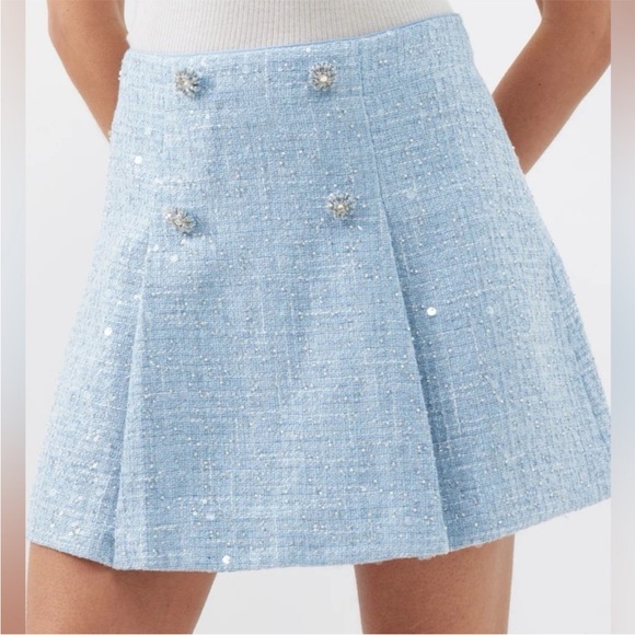 NWT Self Portrait Light Blue Sequin Boucle Skirt Sz 0 - Picture 1 of 9